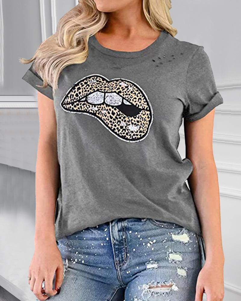 

Leopard Lip Print Short Sleeve T-shirt, Style6