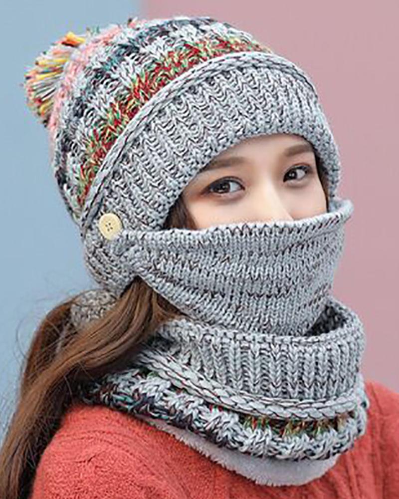 

Women Girls Knitted Hat scarf Mask Set Winter Fleece Lined Beanie Knit Ear Flaps Hat With Pom Pom, Gray