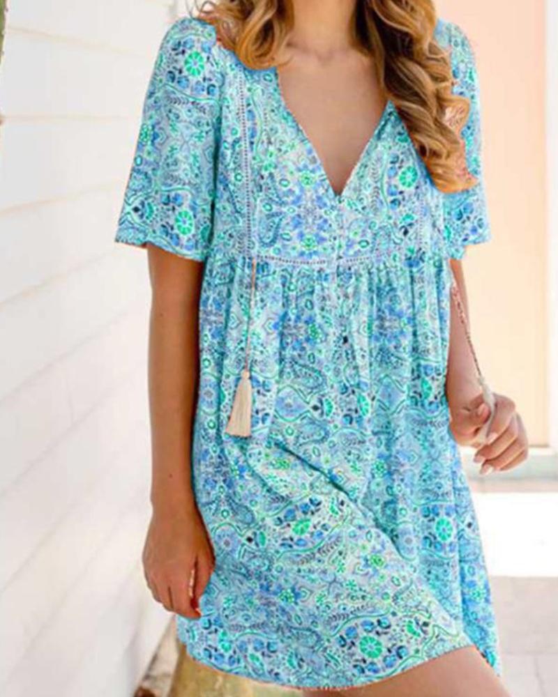 

Boho Style All Over Print Short Sleeve Mini Dress, Blue