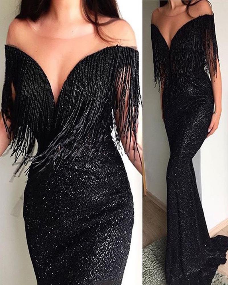 

Tassel Decor Glitter Mermaid Evening Dress, Black