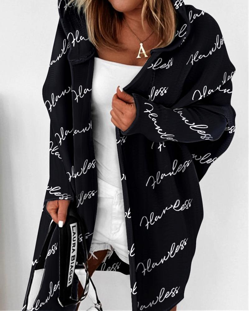 

Letter Print Open Front Batwing Sleeve Hooded Coat, Black&white