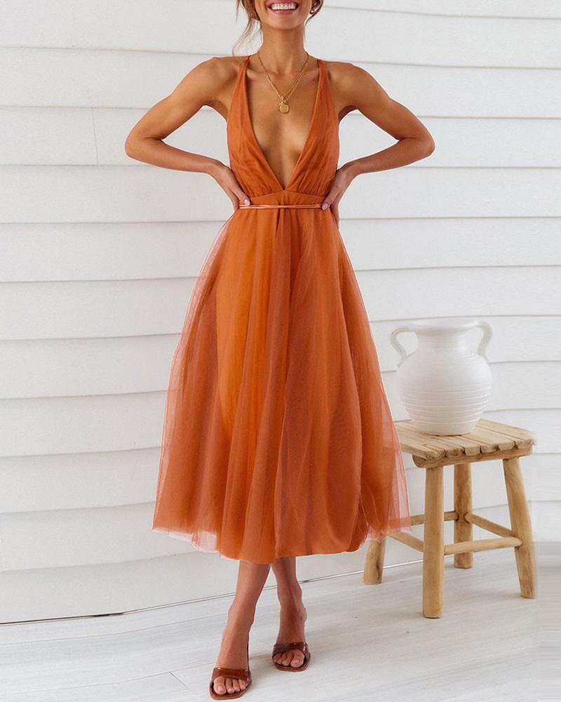 

Crisscross Backless Sheer Mesh Evening Dress, Orange