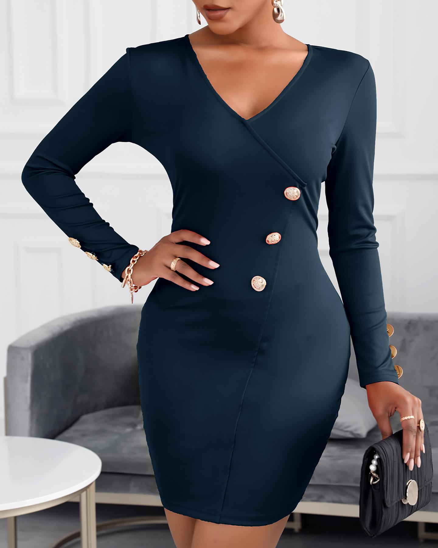 

Long Sleeve Buttoned Wrap Bodycon Dress, Black
