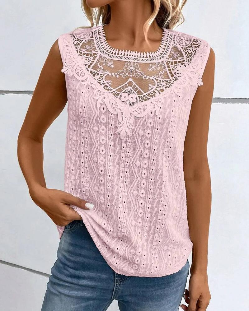 

Guipure Lace Eyelet Embroidery Tank Top, Pink