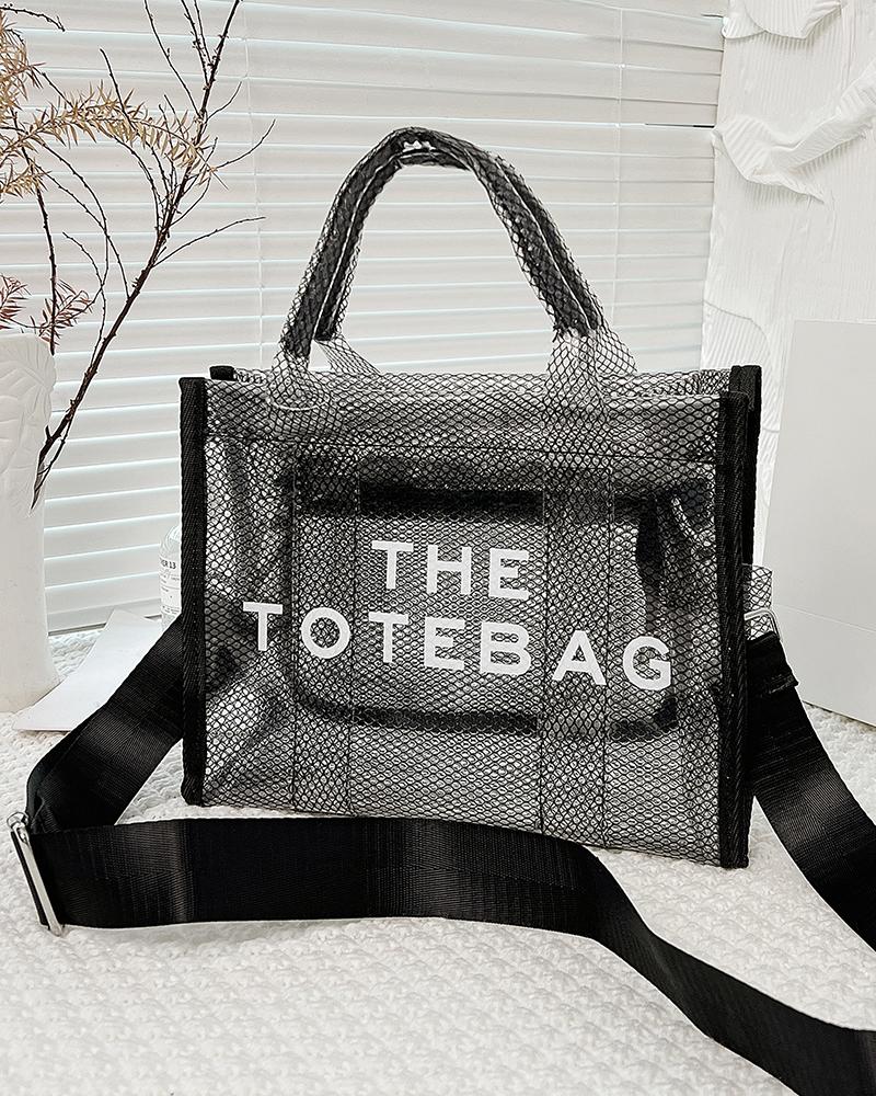 

PVC Pastel Letter Print Tote Bag, Black