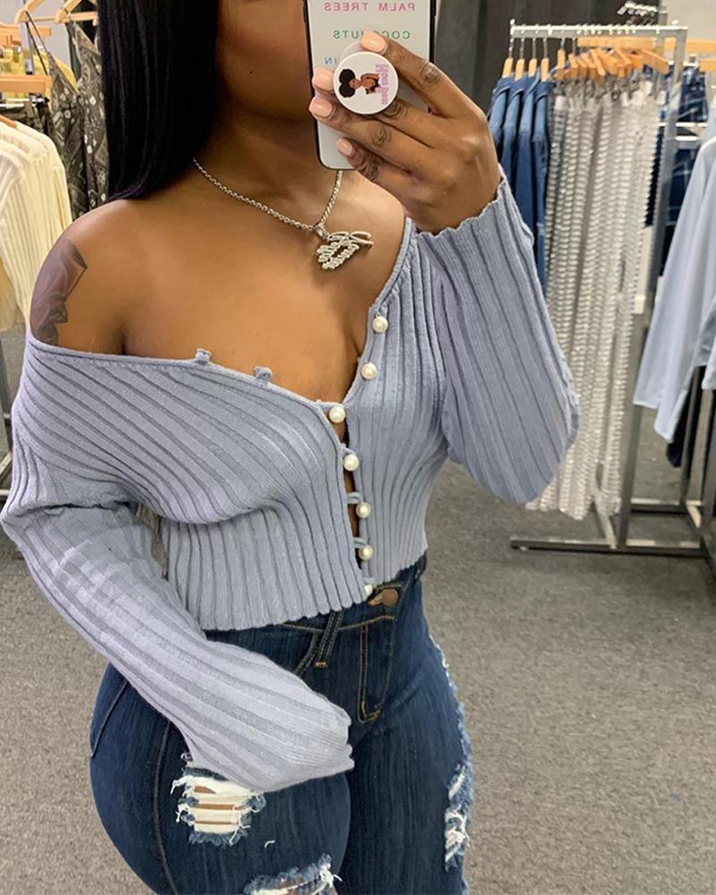 

Long Sleeve Button Front Crop Cardigan, Blue