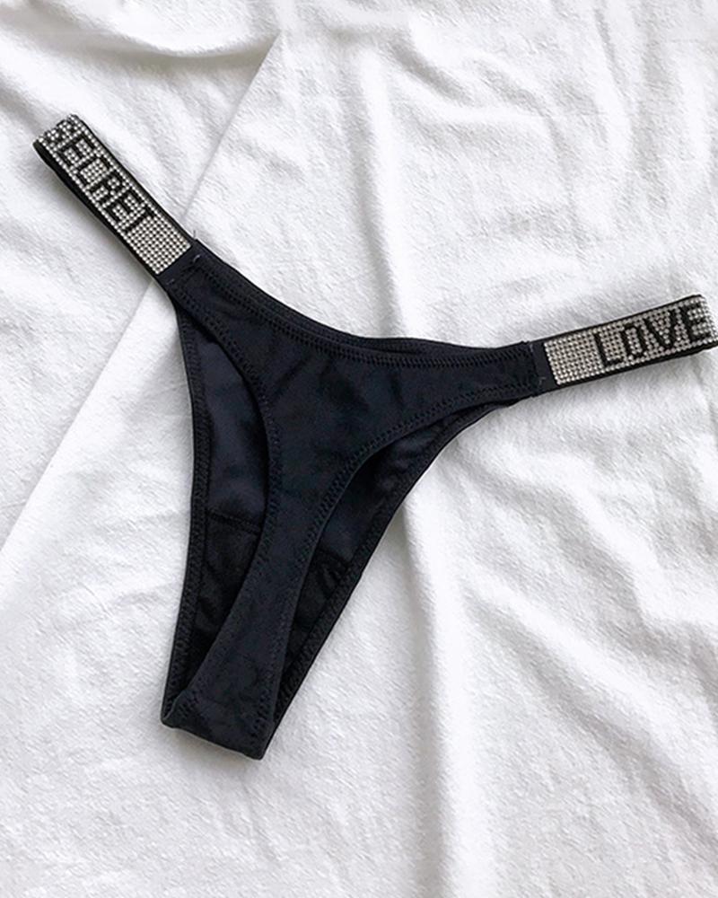 

Letter Pattern Rhinestone Decor Thong Panty, Black