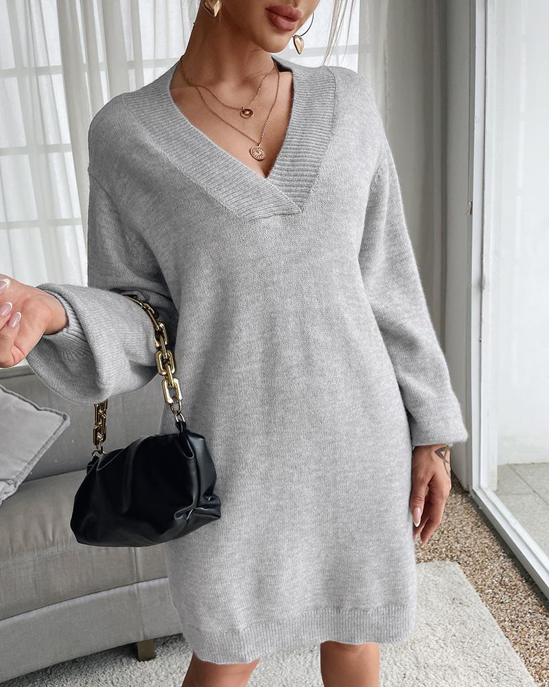 

Knit Long Sleeve V Neck Casual Dress, Gray