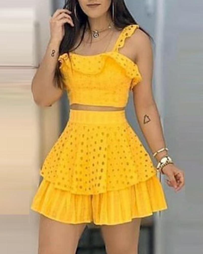 

Eyelet Embroidery Ruffles Crop Top & Layered Skirt Set, Yellow