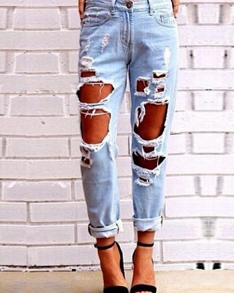 

Pocket Design Ripped Cutout High Waist Jeans, Lighted blue