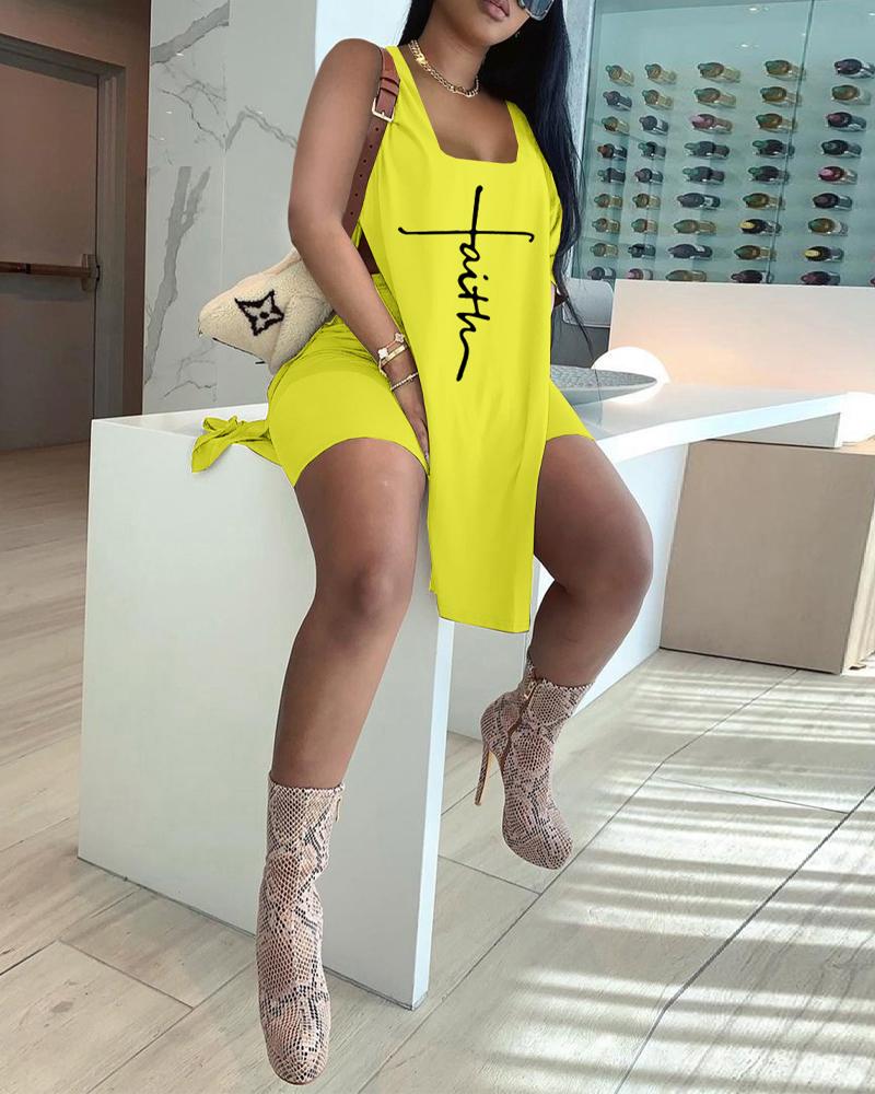 

Letter Print Split Tank Top & Shorts Set, Yellow