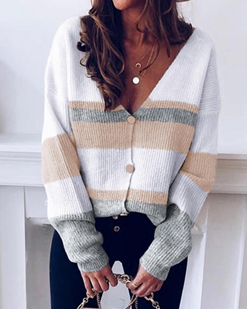 

Striped V-neck Knit Sweater Cardigan, Khaki