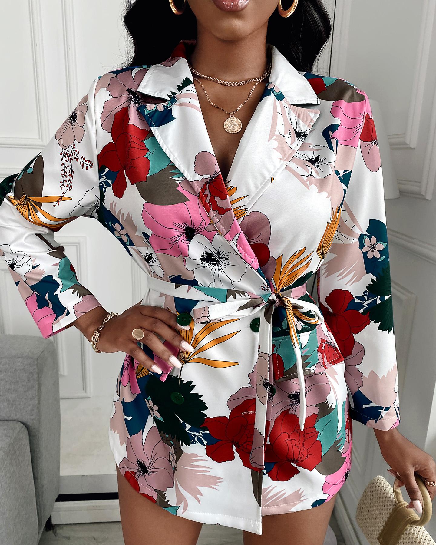 

Floral Print Button Design Long Sleeve Dress, White