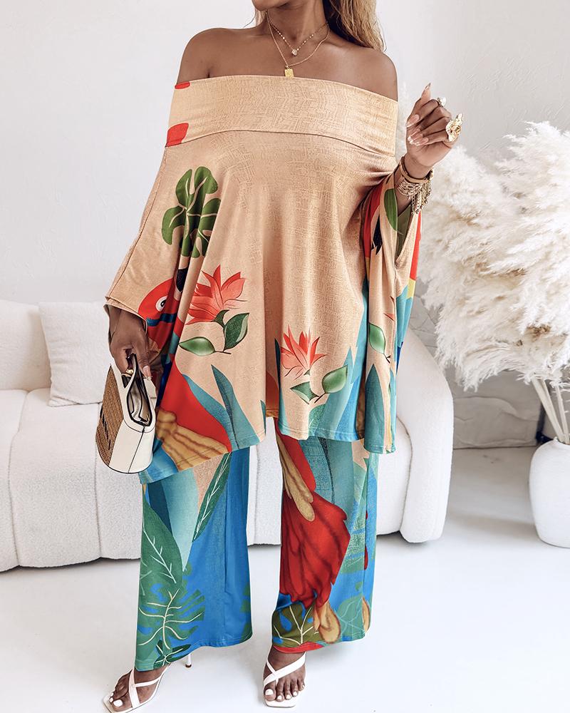 

2 Pieces Outfit Tribal Print Cold Shoulder Batwing Sleeve Top and Casual Wide Leg Pants Set, Khaki