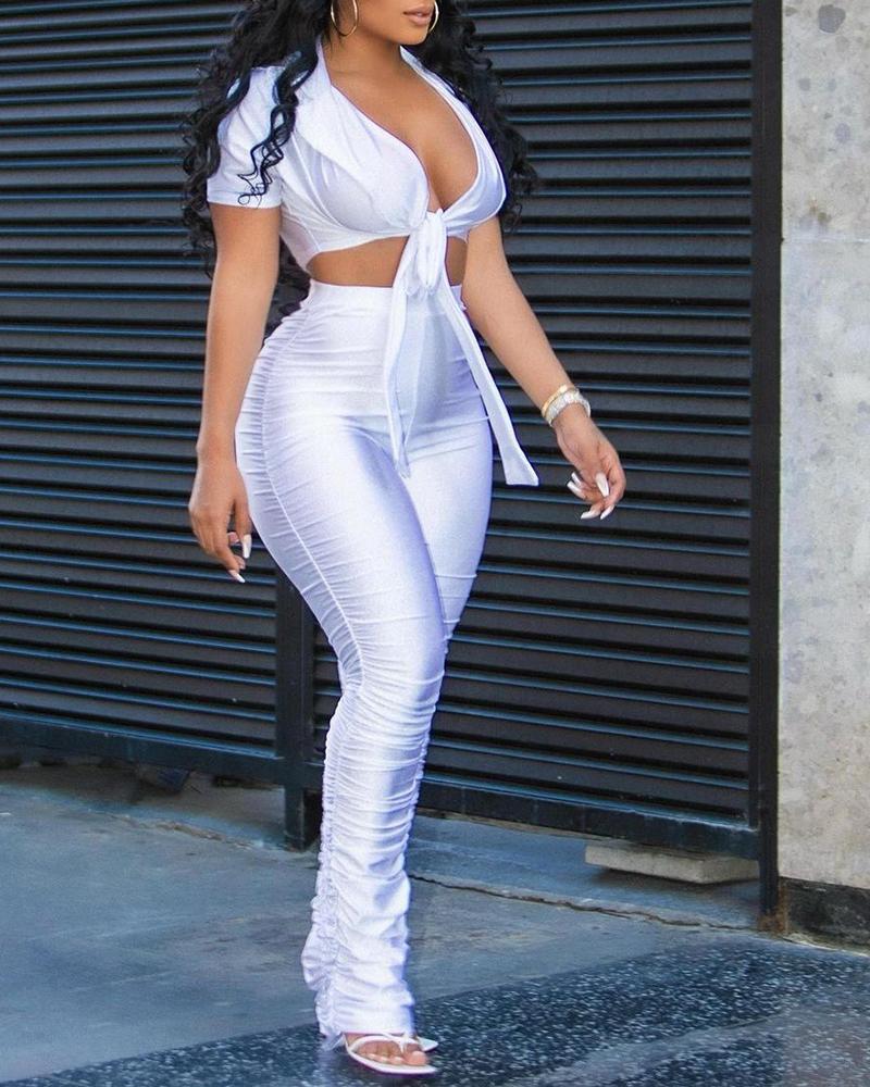 

Plain V Neck Shorts Sleeve Top & Pants Set, White