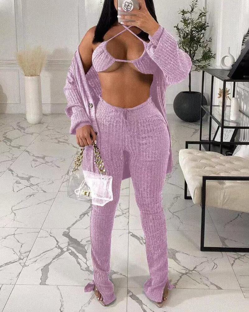 

Lantern Sleeve Buttoned Coat & Drawstring Pants Set With Bralette, Pink