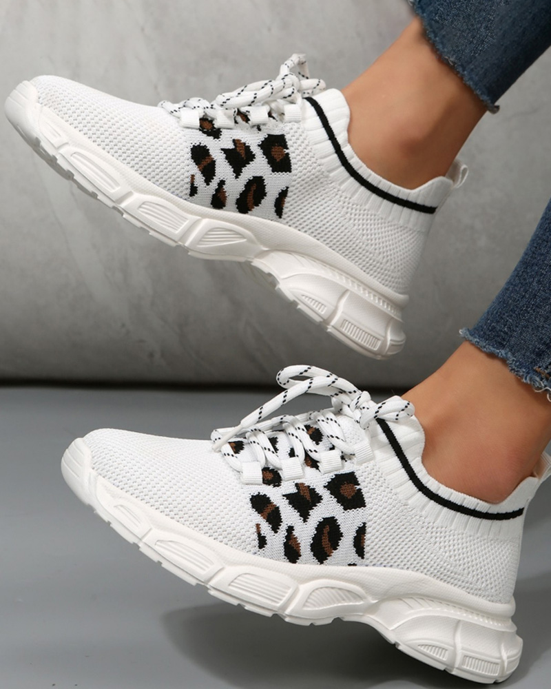 

Breathable Leopard Knit Lace-up Running Sports Sneakers, White&leopard
