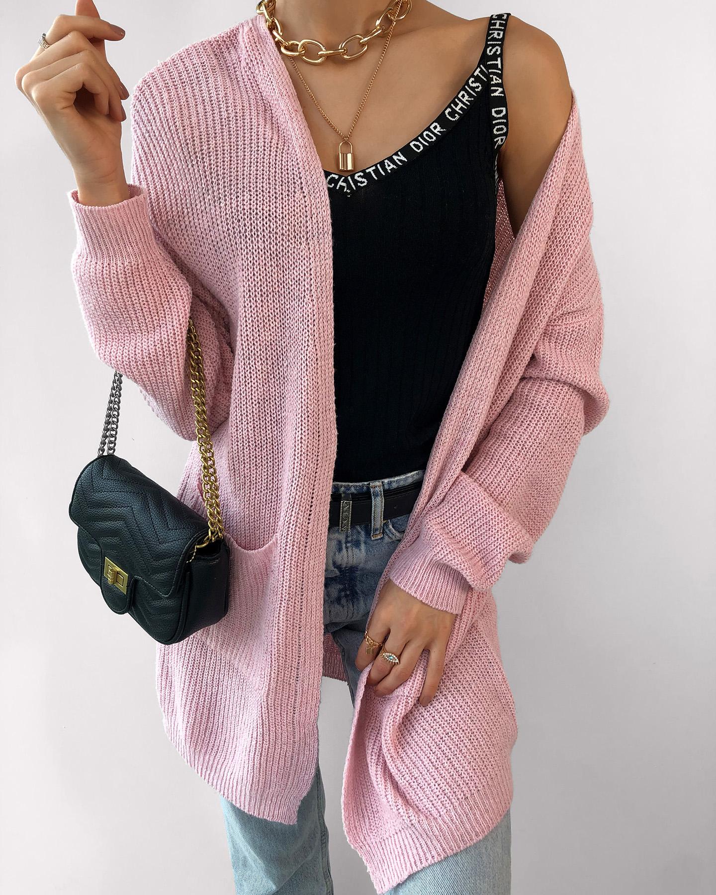 

Solid Long Sleeve Bubble Sleeve Loose Cardigans, Pink