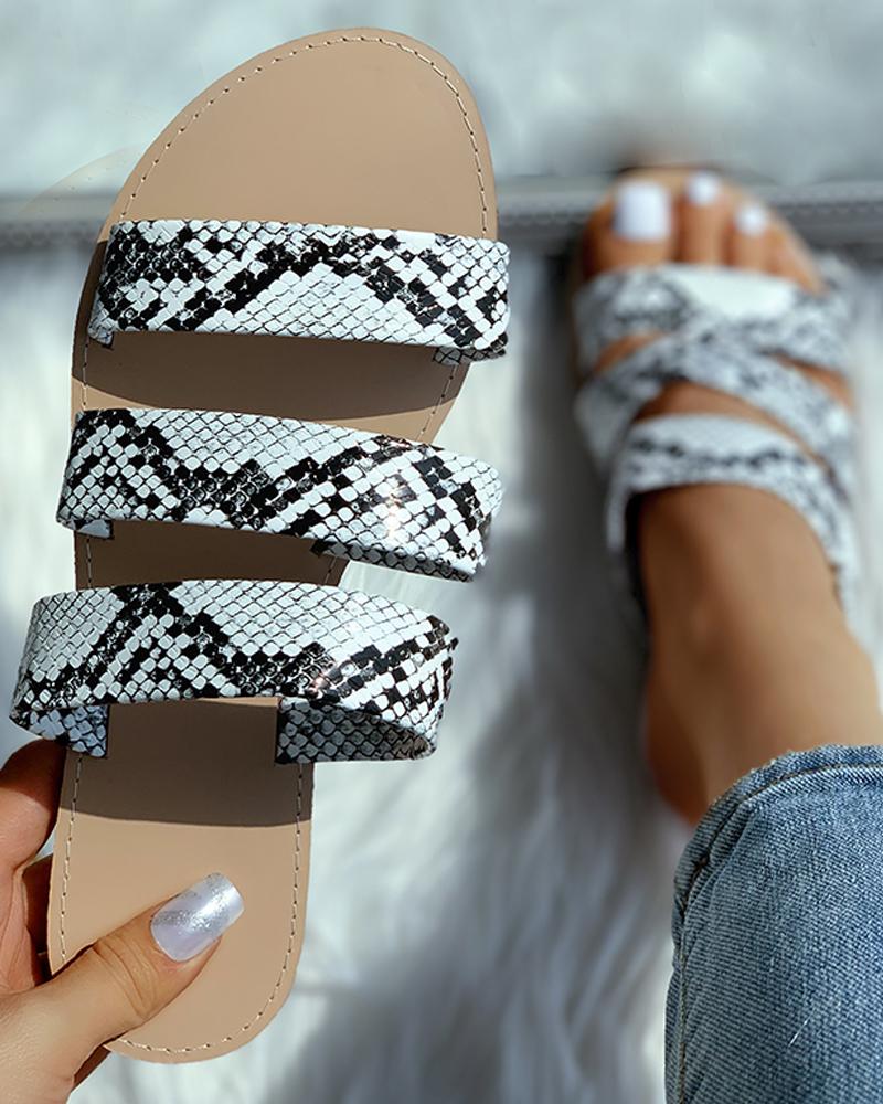 

Snakeskin Print Multi Strap Slippers, White
