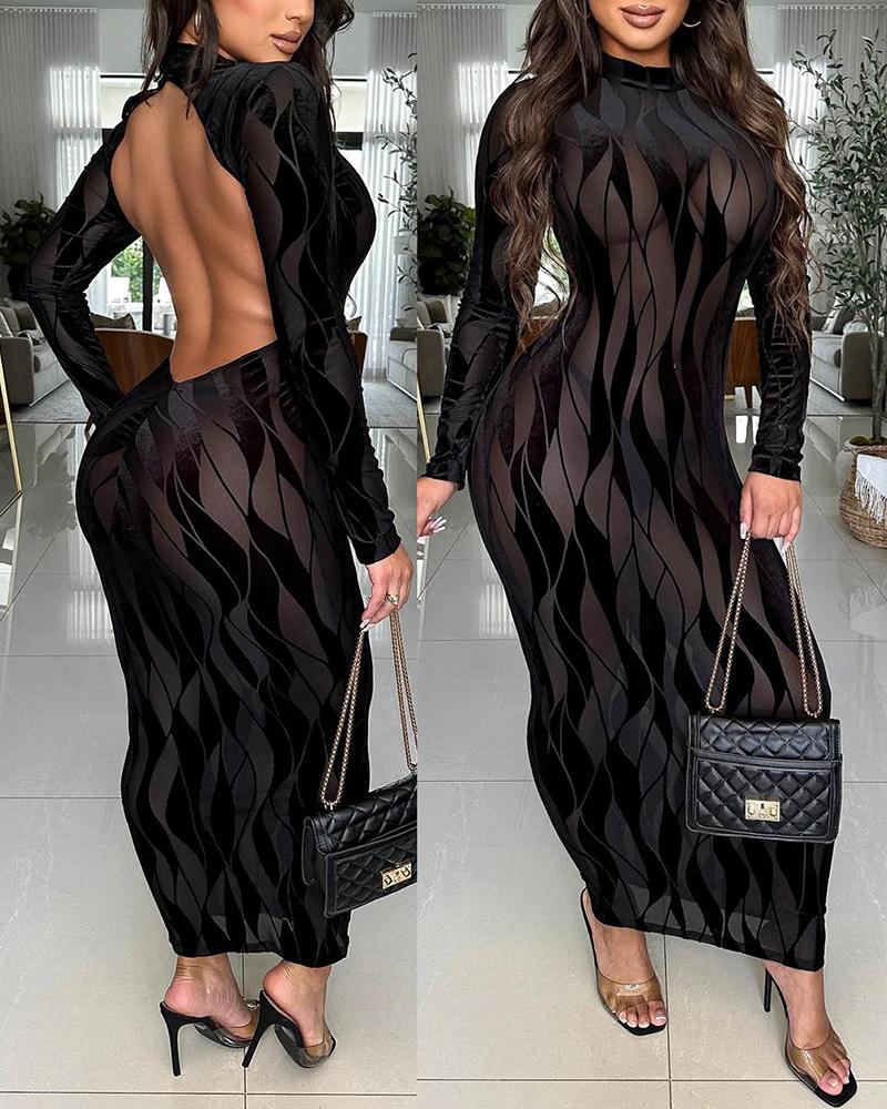 

Abstract Print Backless Bodycon Dress, Black