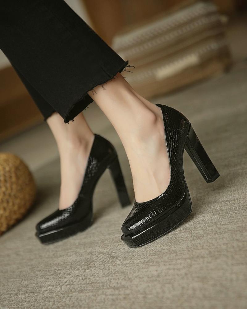 

Snakeskin Pattern Square Toe Platform Chunky Heels, Black
