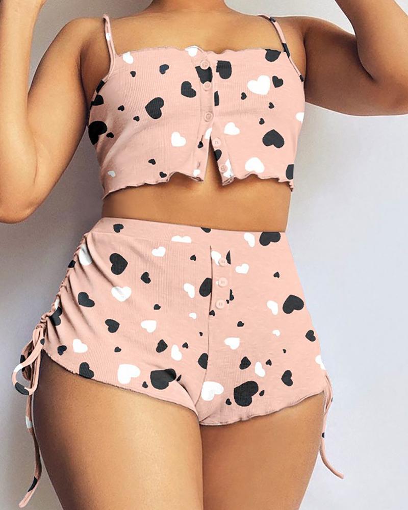 

Heart Print Frill Hem Top & Drawstring Shorts Set, Pink