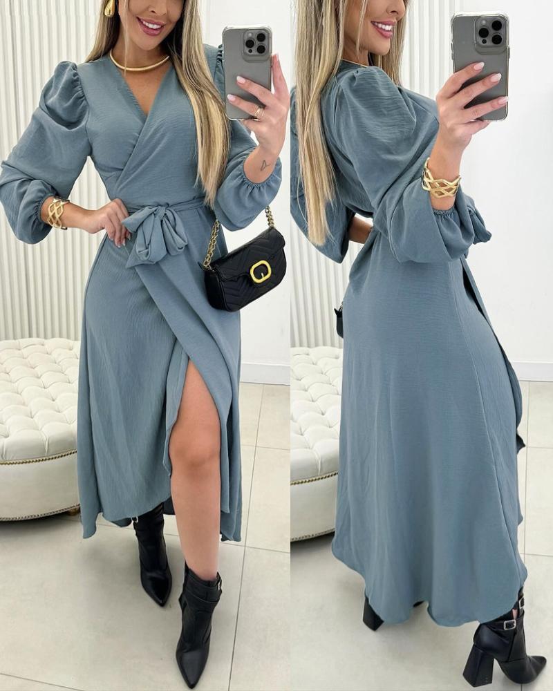 

Robe fendue à manches longues et col en V avec détails noués, Gray