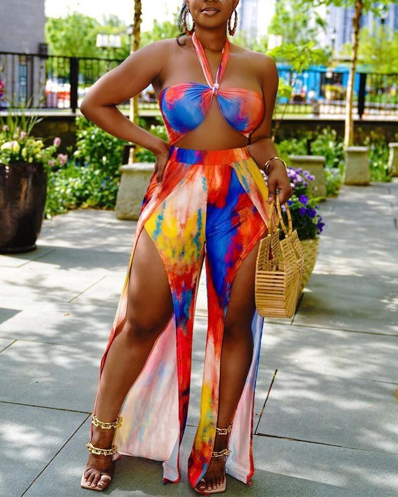 

Tie Dye Halter Sleeveless Cropped Top With Pants Suit Sets, Multicolor