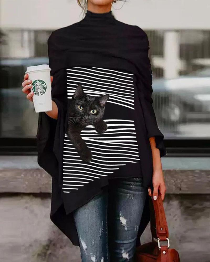 

Cat Striped Print Asymmetrical High Low Hem Top, Black