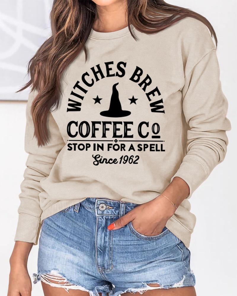 

Halloween Graphic Letter Print Long Sleeve Sweatshirt, Khaki