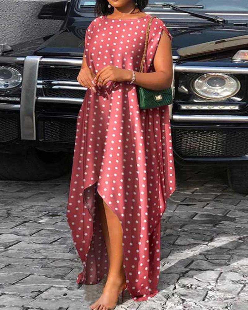 

Plus Size Polka Dot Print Dip Hem Sleeveless Casual Dress, Pink
