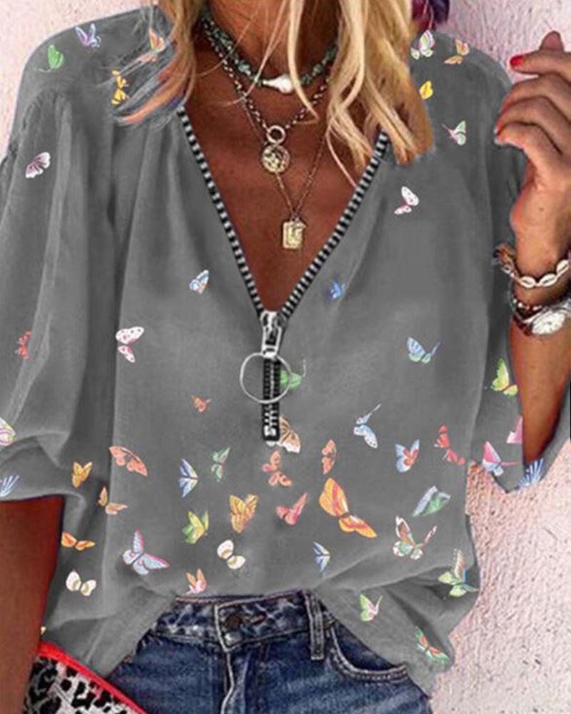 

Butterflies Print Zipper Long Sleeve Shirt, Gray