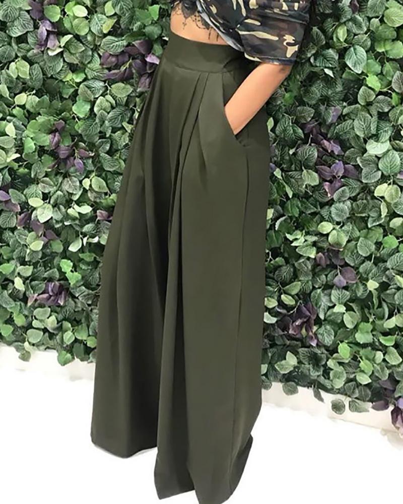

High Waist Pocket Design Wide Leg Pants, Green