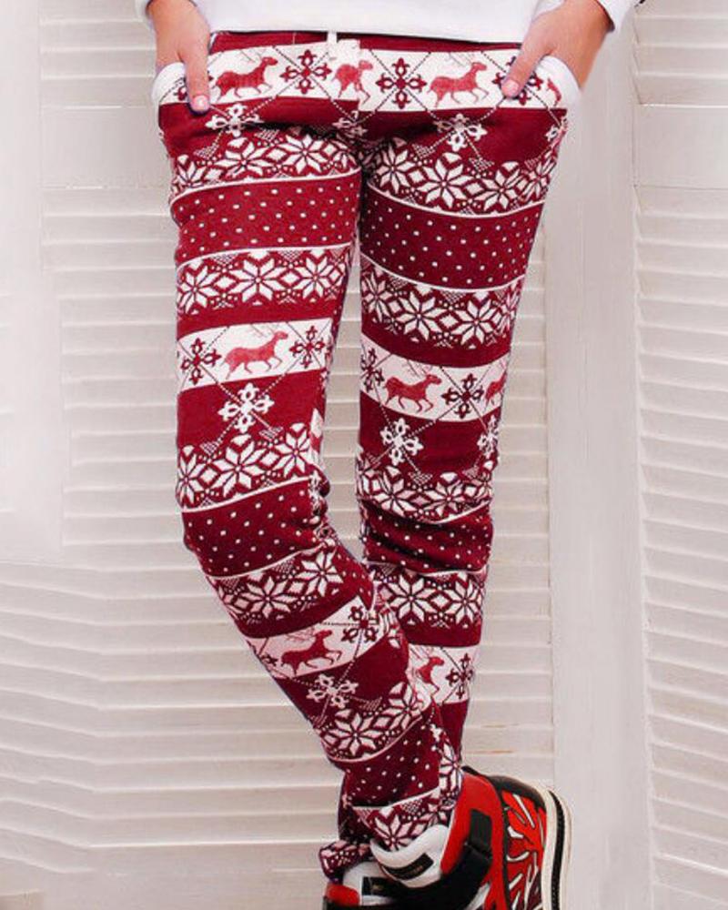 

Christmas Elk Snowflake Print Pocket Design Pants, Red