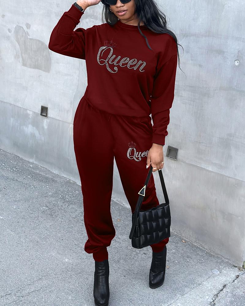 

Rhinestone Letter Pattern Sweatshirt & Pocket Design Pants Set, Wine red