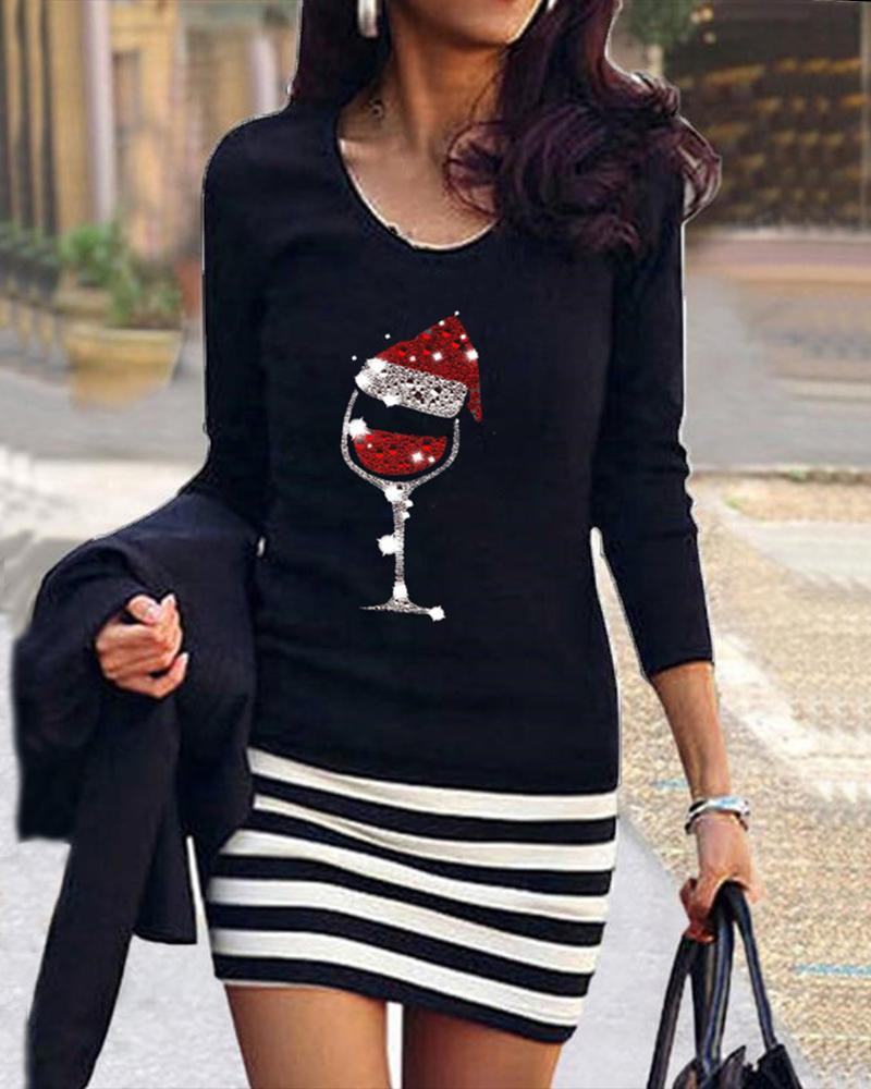 

Christmas Wine Glass Striped Print Mini Dress, Black