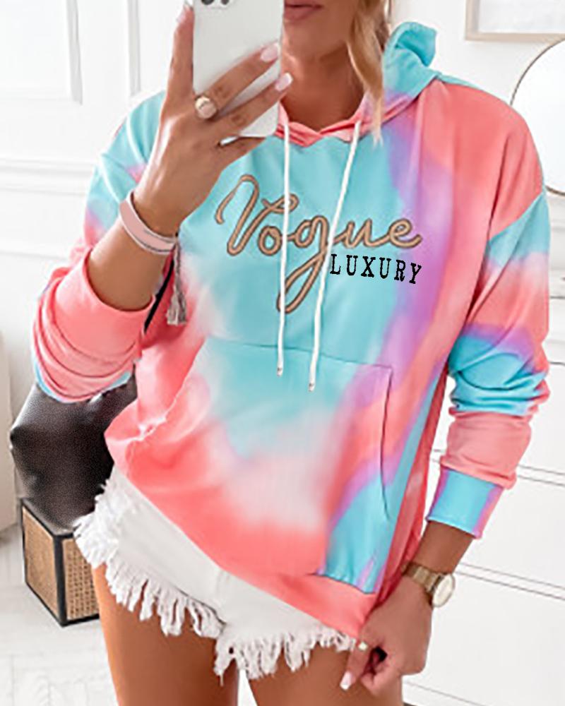 

Colorblock Letter Print Pocket Design Hooded Sweatshirt, Blue