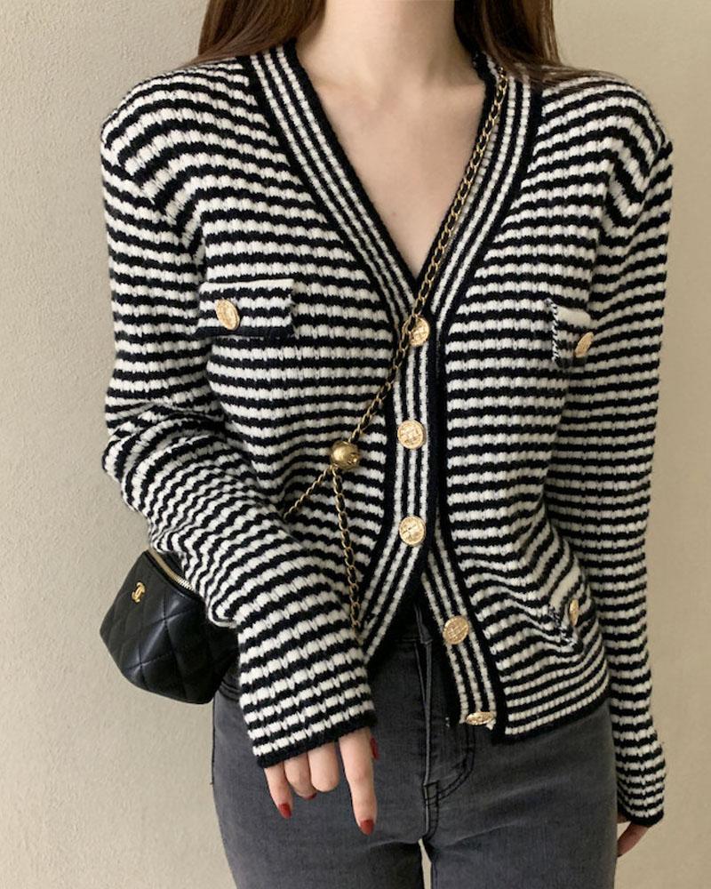 

Striped Long Sleeve Button Down Cardigan, Black&white