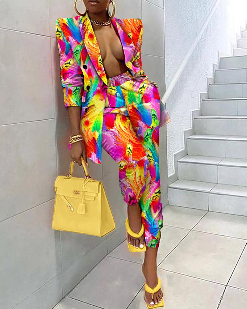 

Abstract Print Shawl Collar Blazer & Pants Set, Multicolor