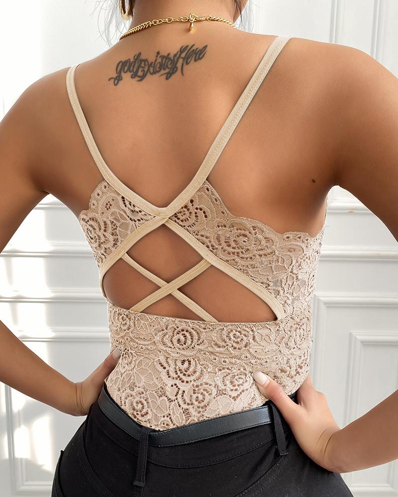 

Plunge Backless Lace Cami Tank Women Top, Nude