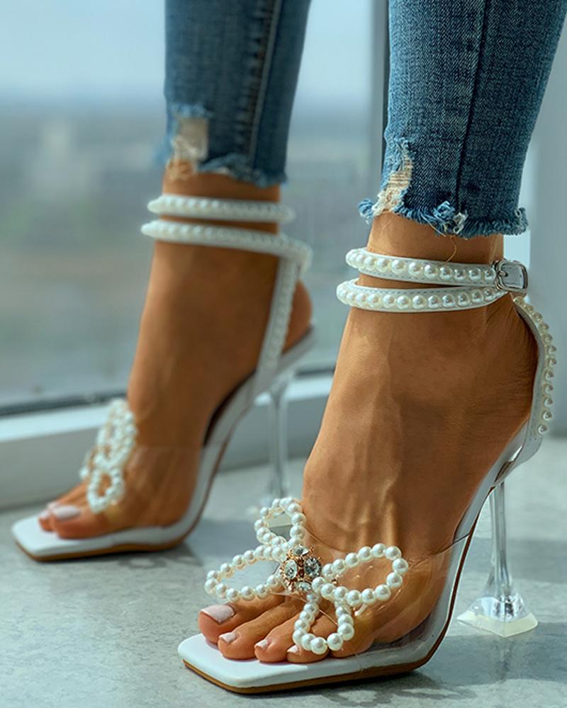 Beaded Bowknot Decor Square Toe Pyramid Heels