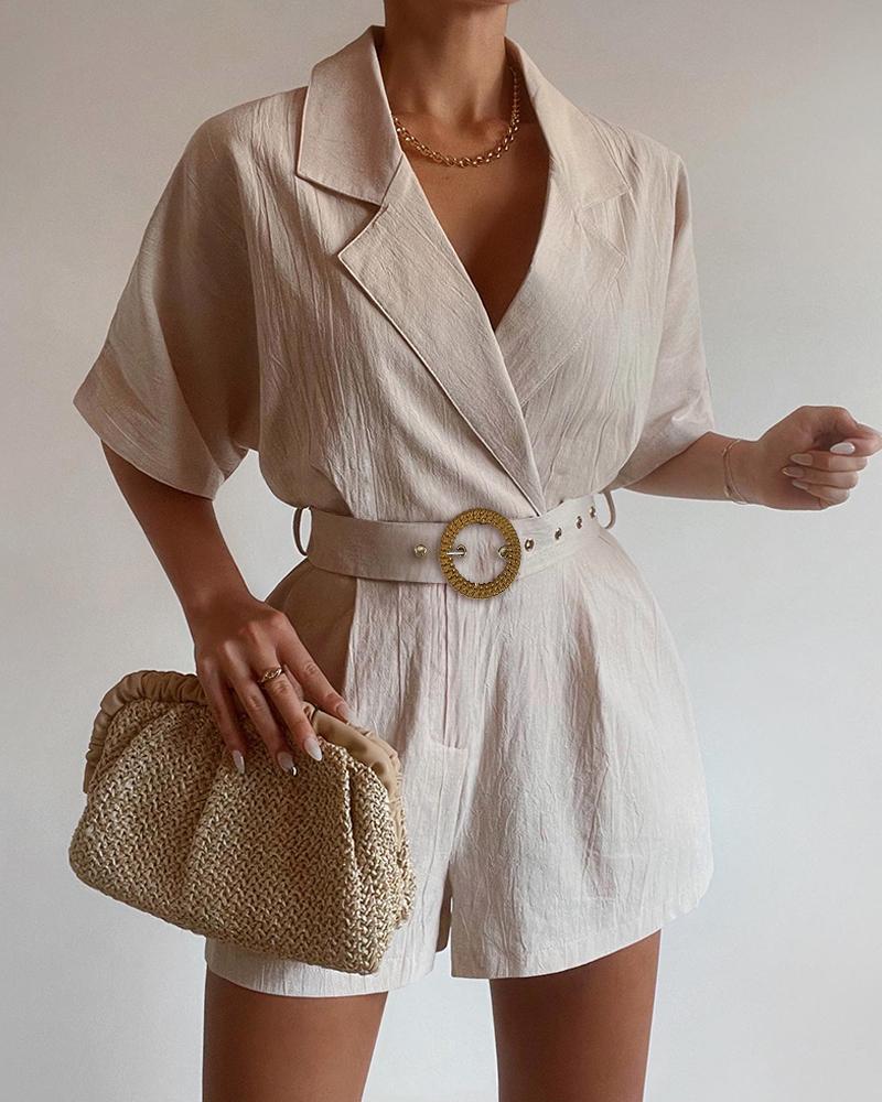 

Notched Collar Short Sleeve Romper, Apricot