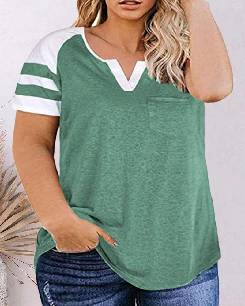 

Plus Size Contrast Paneled Pocket Design Casual T-shirt, Green