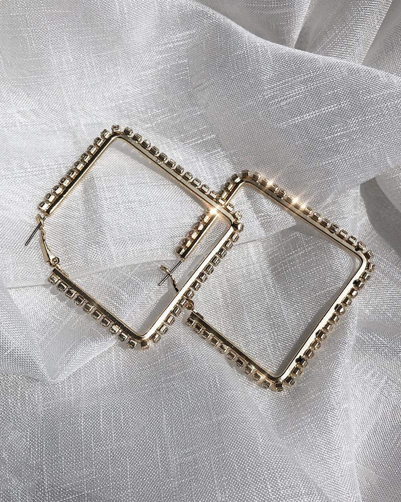 

1Pair Rhinestone Band Square Shaped Hoop Earrings, Gold