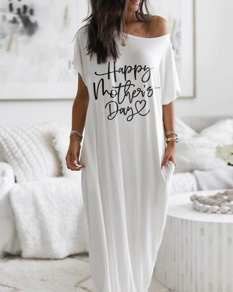 

Mother' Day Letter Print Pocket Design Casual Dress, White