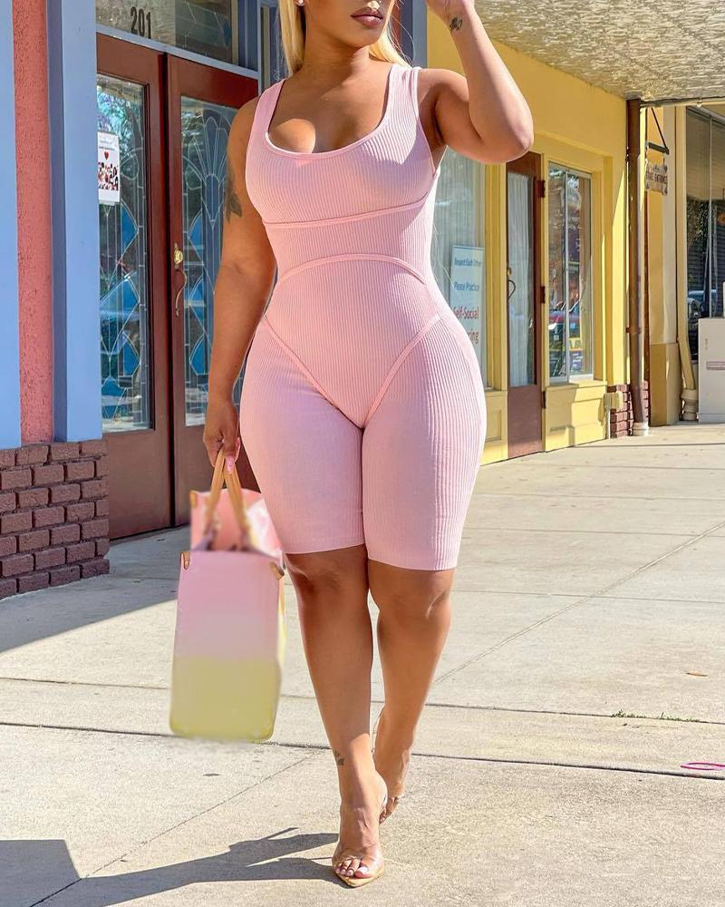 

Ribbed U-Neck Sleeveless Skinny Romper, Pink