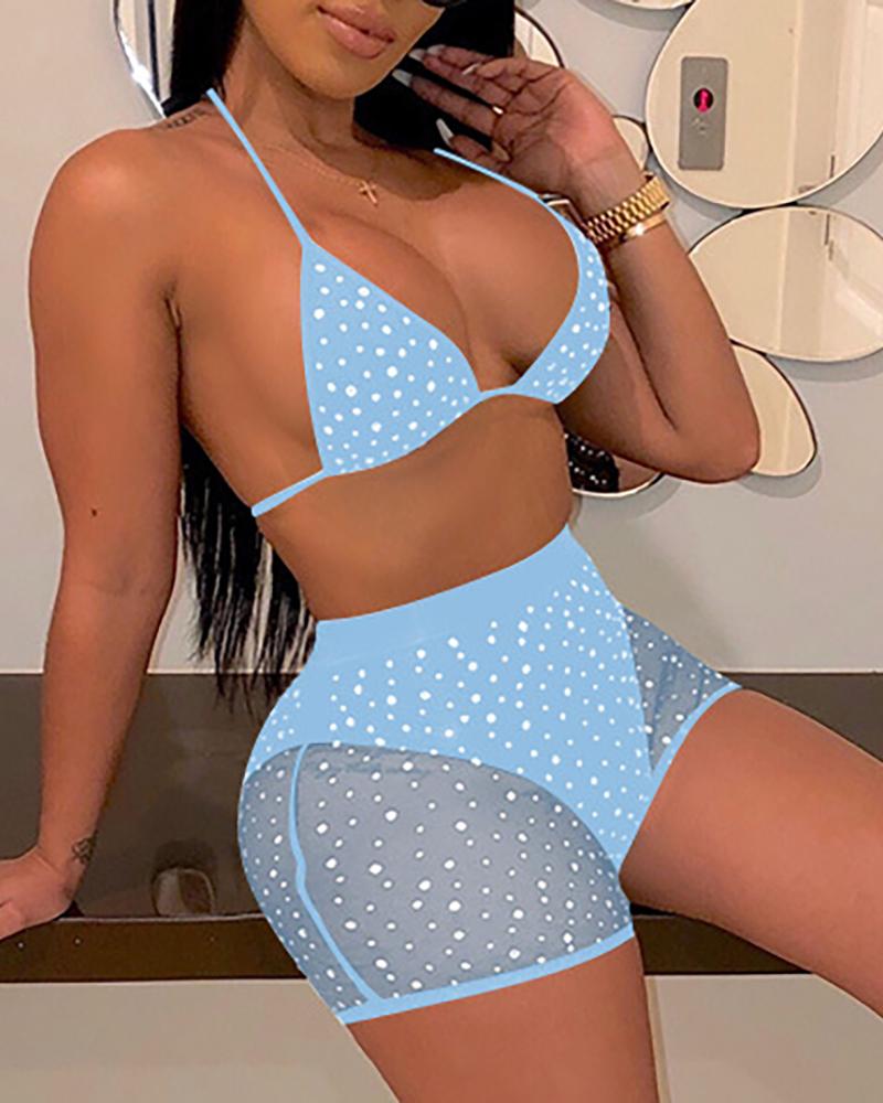 

Halter Sequins Bra & Sheer Mesh Shorts Set, Lighted blue