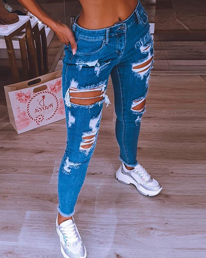 

Pocket Decor Cutout Fringe Hem Jeans, Blue