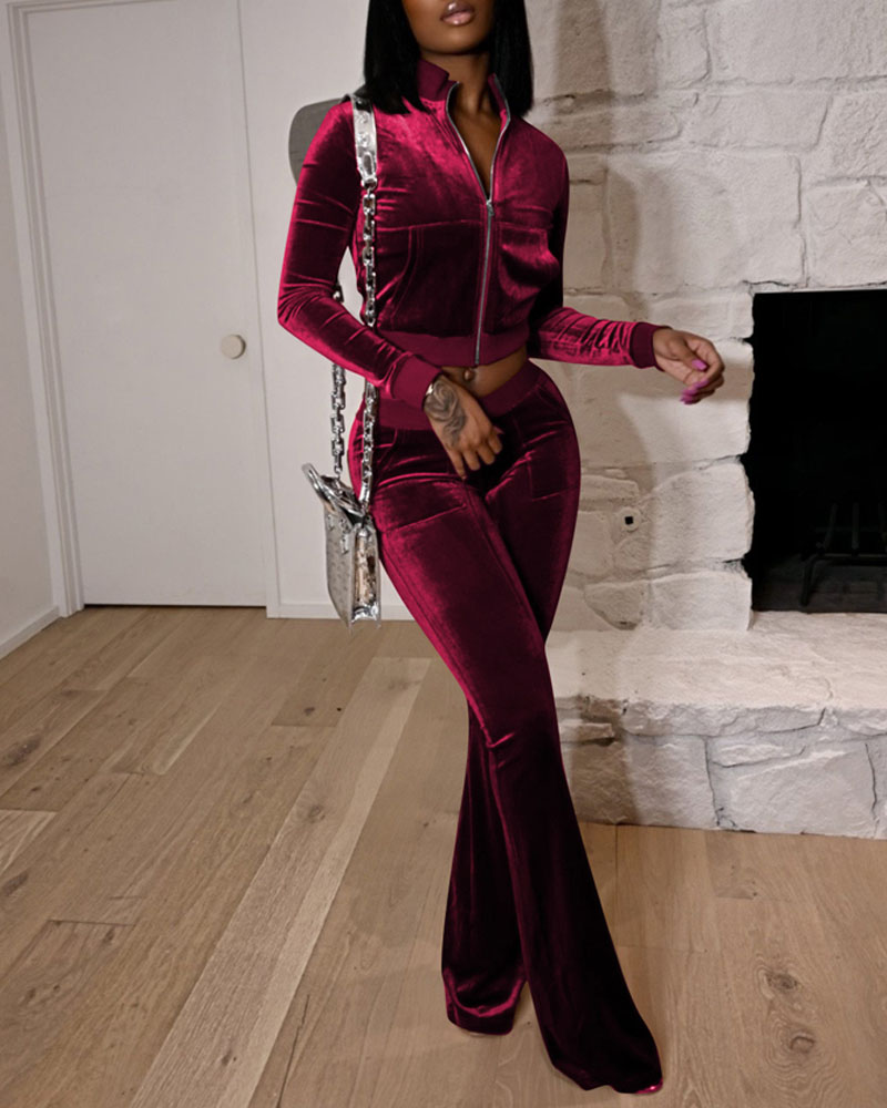 

Velvet Zip Up Crop Top & Flare Leg Pants Set, Wine red