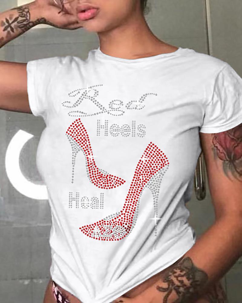 

Rhinestone Heels Letter Pattern T-shirt, White